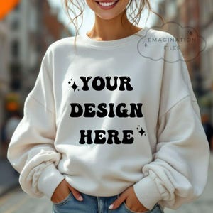 White Sweatshirt Mockup Oversized Shirt Tee Mock Comfort Colors Women Shirt Mockup Blonde Model Mockup White Crewneck Mockup