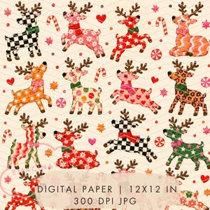 Pode incluir: Um padrão de papel digital com várias ilustrações de renas com estampas coloridas variadas, incluindo xadrez, flores, corações e estrelas, intercaladas com pequenas bengalas doces, balas de hortelã e corações vermelhos em um fundo claro.