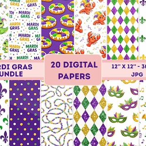Könnte beinhalten: Eine Sammlung von 20 digitalen Papieren im Mardi Gras-Stil. Die Designs umfassen Cartoon-Alligatoren, Donuts, Langusten, Fleur-de-Lis, Polka-Punkte und Harlekin-Muster in Lila, Grün und Gold. Der Text lautet "Mardi Gras Bundle" und "20 Digital Papers".