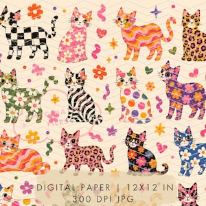 Funky Retro Cats Digitalt Papper Groovy Utskrivbart Sömlöst Mönster