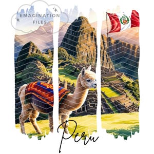 May include: A white alpaca wearing a colorful blanket stands in front of a scenic landscape of Machu Picchu, Peru. The Peruvian flag is flying in the background.
