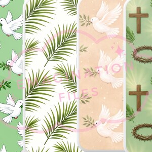 K&ouml;nnte beinhalten: Vier verschiedene Designs mit religi&ouml;sen Symbolen. Ein Design zeigt wei&szlig;e Tauben mit Olivenzweigen auf gr&uuml;nem Hintergrund. Ein anderes hat gr&uuml;ne Palmbl&auml;tter auf wei&szlig;em Hintergrund. Ein drittes Design zeigt Tauben auf pfirsichfarbenem Hintergrund. Das letzte Design zeigt Kreuze, N&auml;gel und eine Dornenkrone.