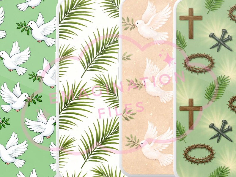 K&ouml;nnte beinhalten: Vier verschiedene Designs mit religi&ouml;sen Symbolen. Ein Design zeigt wei&szlig;e Tauben mit Olivenzweigen auf gr&uuml;nem Hintergrund. Ein anderes hat gr&uuml;ne Palmbl&auml;tter auf wei&szlig;em Hintergrund. Ein drittes Design zeigt Tauben auf pfirsichfarbenem Hintergrund. Das letzte Design zeigt Kreuze, N&auml;gel und eine Dornenkrone.