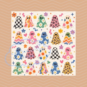 May include: A digital print featuring a grid of twenty ghost illustrations on a cream background. Each ghost displays a unique pattern including black and white checkers, colourful wavy lines, daisies, leopard spots, and polka dots, accented by small stars and flowers.