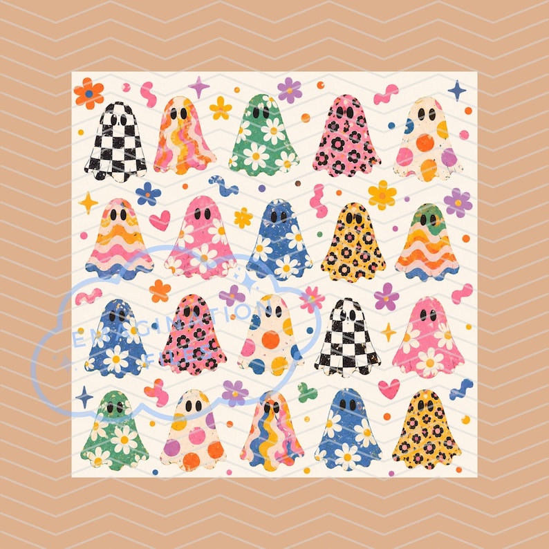 May include: A digital print featuring a grid of twenty ghost illustrations on a cream background. Each ghost displays a unique pattern including black and white checkers, colourful wavy lines, daisies, leopard spots, and polka dots, accented by small stars and flowers.