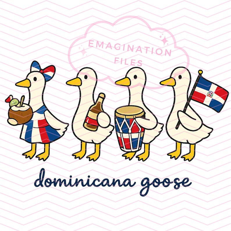 May include: An illustration featuring four cartoon geese, each with a different item. One goose holds a coconut drink, another a bottle, a third a drum, and the last a Dominican Republic flag. The words "dominicana goose" are written below.
