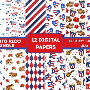 Puede incluir: Un paquete de papel digital con 12 diseños únicos con temas de Puerto Rico. Los patrones incluyen estrellas, corazones, banderas y texto. Los papeles miden 30,48 cm x 30,48 cm y 300 DPI. El paquete se titula "Puerto Rico Bundle".