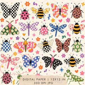 May include: A digital paper pattern featuring various insects including butterflies, bees, ladybugs, dragonflies, and a praying mantis with diverse patterns like checkers, leopard print, and flowers, interspersed with small hearts, stars, and flowers.