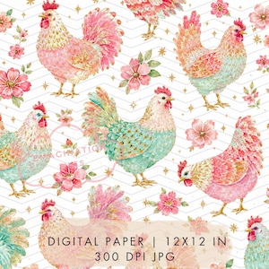 Könnte beinhalten: Digitales Papier mit einem sich wiederholenden Muster aus Hühnern und Blumen. Die Hühner sind in Rosa, Türkis und Gold gehalten, mit floralen Akzenten. Der Hintergrund ist weiß mit einem Zickzackmuster und goldenen Sternen. Größe: 12x12 Zoll.