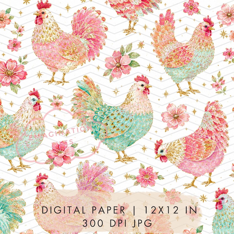 Chicken Floral Digital Paper Seamless Pattern Grandmacore Digital ...