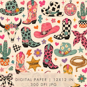 May include: A digital pattern featuring illustrations of cowboy boots, hats, cacti, a cow skull, a disco ball, a lasso, and a sheriff badge with the text YEEHAW. The design includes hearts, stars, and flowers on a cream background with text.