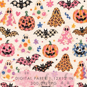 May include: A digital paper pattern featuring a repeating design of ghosts, jack-o'-lanterns, and bats in various colors and prints, including leopard, floral, and checkered patterns, with text reading DIGITAL PAPER | 12X12 IN 300 DPI JPG.