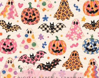 Funky Retro Ghosts Digital Paper Groovy Halloween Printable Bats Pumpkins Seamless Pattern