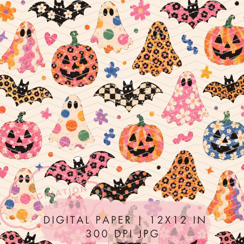 May include: A digital paper pattern featuring a repeating design of ghosts, jack-o'-lanterns, and bats in various colors and prints, including leopard, floral, and checkered patterns, with text reading DIGITAL PAPER | 12X12 IN 300 DPI JPG.