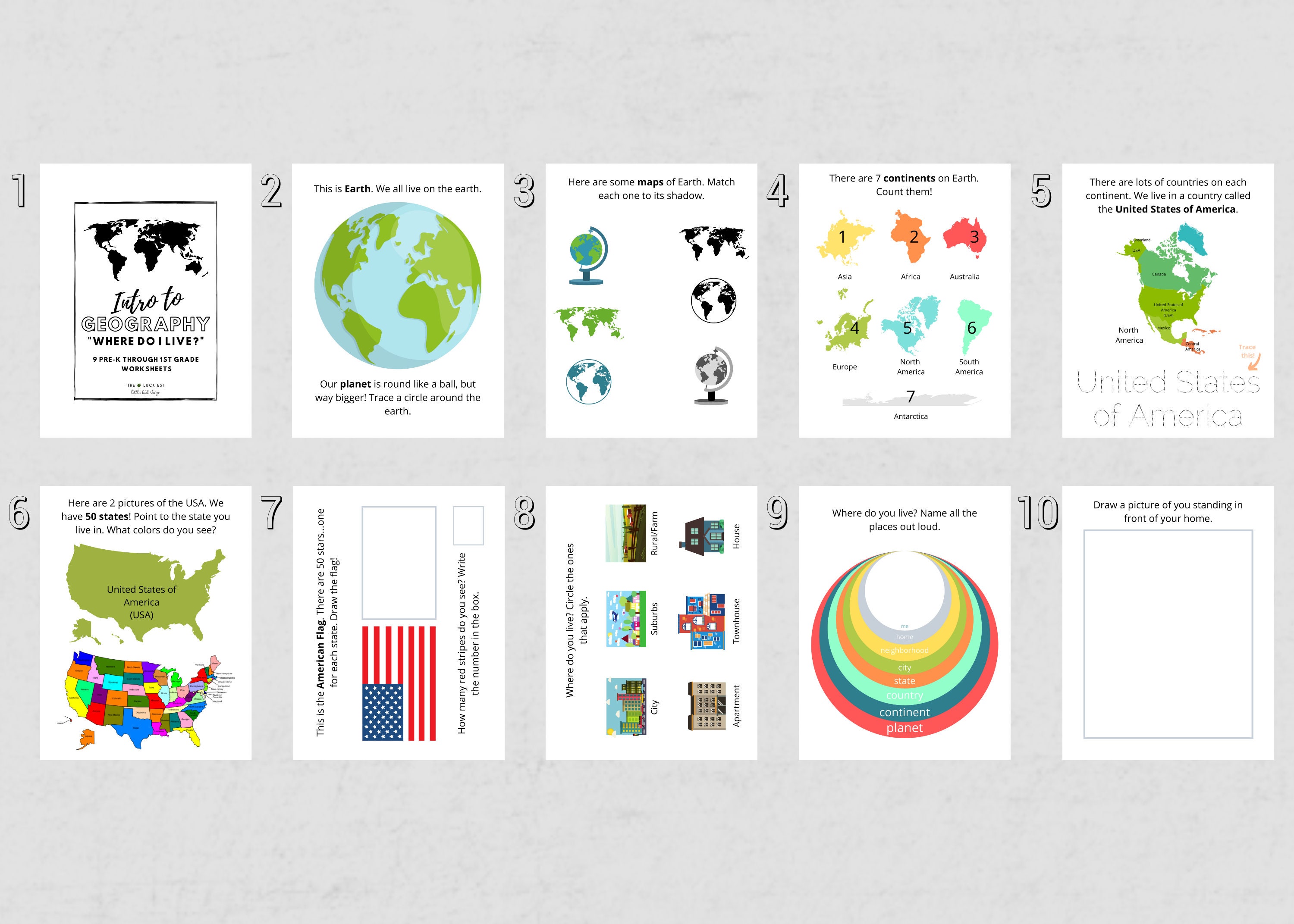 Geography Intro / Pre-K 1st Grade / 9 Pages of Worksheets / | Etsy