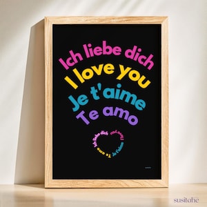 Eu te amo em inglês, francês e espanhol Eu amo Eu amizade Eu presente Eu decoração, impressão motivacional Eu pôster