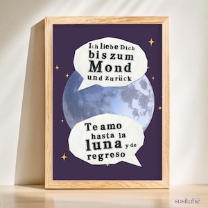 Ti amo fino alla luna e ritorno I Te amo fino alla luna e ritorno I Poster bilingue I Tedesco - Spagnolo I Poster didattico I Decorazione da parete