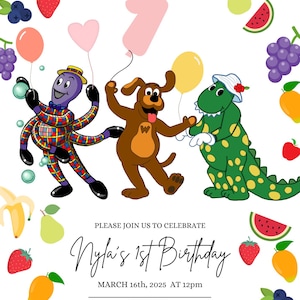 May include: A colorful birthday invitation featuring the characters from the children's television show "The Wiggles". The invitation is decorated with fruit and balloons and includes the text "Our Little Wiggle Turns 1", "Nyla's 1st Birthday", "March 16th, 2025 at 12pm", "The Deck", "252 Strathalbyn Road, Mylor", and "Kindly RSVP by March 6th".