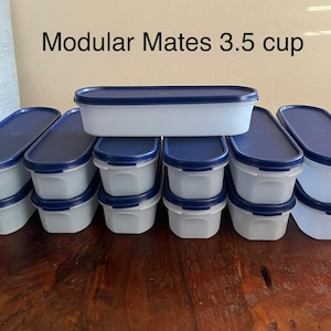 May include: A set of 12 blue and white plastic storage containers. The containers are labelled "Modular Mates 3.5 cup".