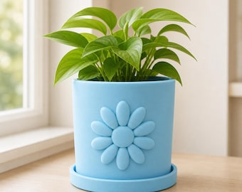 Daisy Planter with Drainage Tray, 3D Printed Flower Pot, Choose Size and Color