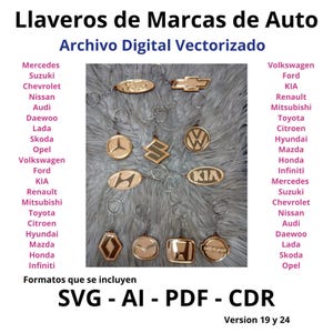 Puede incluir: Una colección de llaveros de logo de coche de color dorado, incluyendo logos para Mercedes, Suzuki, Chevrolet, Nissan, Audi, Daewoo, Lada, Skoda, Opel, Volkswagen, Ford, KIA, Renault, Mitsubishi, Toyota, Citroën, Hyundai, Mazda, Honda e Infiniti. Los llaveros se muestran sobre una superficie de color marrón claro. El texto "Archivo Digital Vectorizado" y "Formatos que se incluyen SVG - AI - PDF - CDR" es visible en la imagen.