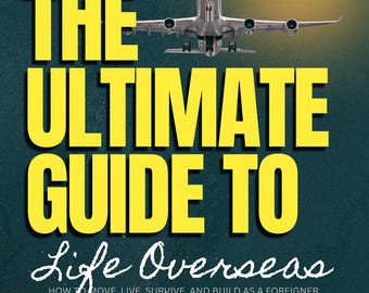 May include: Book cover with the title "THE ULTIMATE GUIDE TO Life Overseas" in yellow letters. A plane is centered above the title. The text "HOW TO MOVE, LIVE, SURVIVE, AND BUILD AS A FOREIGNER" is below the title.