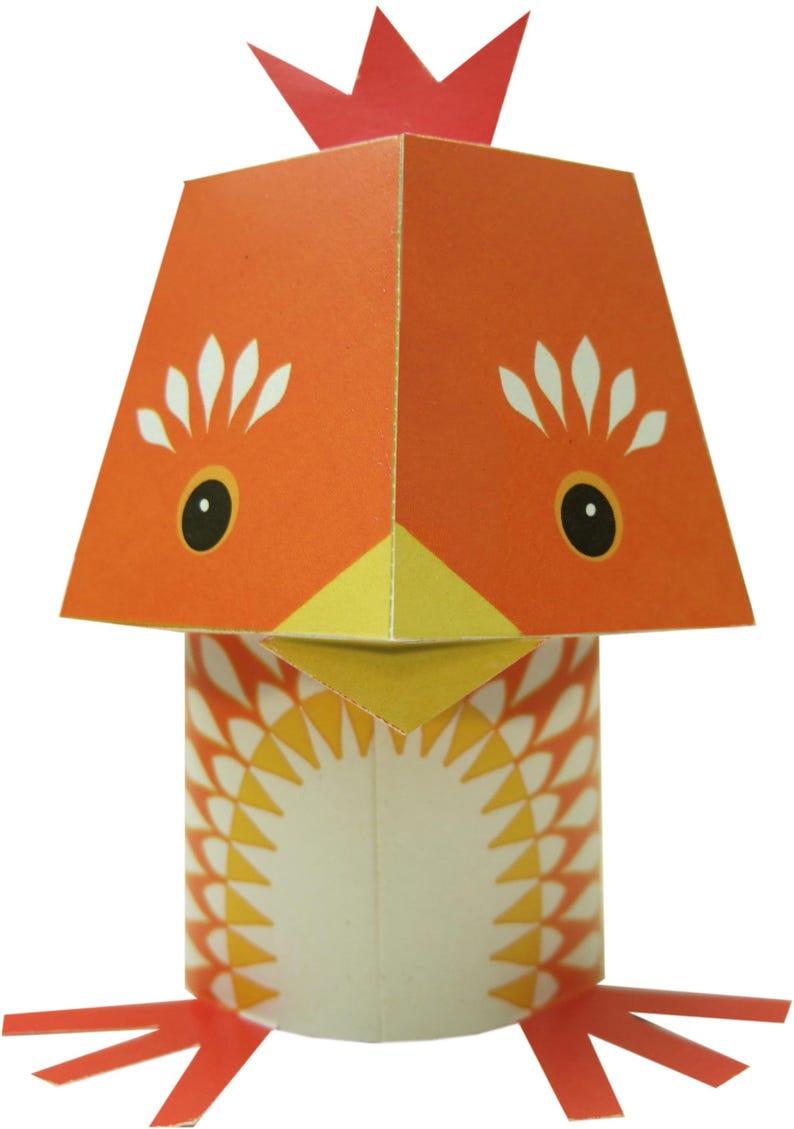 May include: A paper craft of a chick with a red crown, orange body, yellow beak, and white eyes. The chick has a white and orange patterned body and red feet.