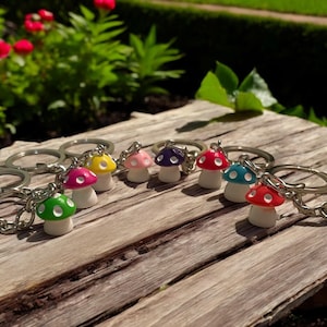 May include: A selection of mushroom-shaped keyrings in various colours. Each keyring has a mushroom with a white stem and a cap in colours such as green, pink, yellow, purple, red, and blue. They are arranged on a wooden surface.