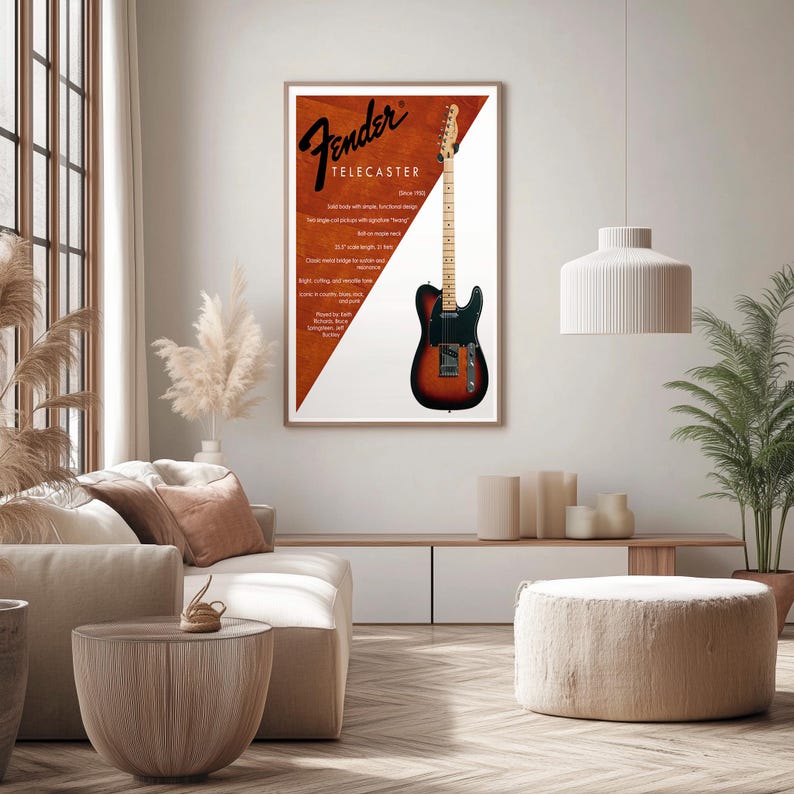 以下が含まれることがあります： Fender Telecasterギターのポスター。茶色と白の背景にFenderのロゴとギターのイラストが描かれています。ギターはサンバーストカラーで、黒いピックガードが付いています。