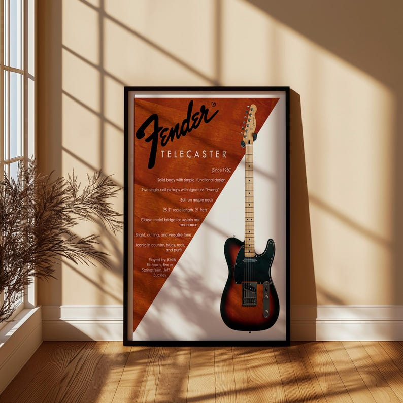 以下が含まれることがあります： 額縁に入ったFender Telecasterギターのポスター。ポスターには、茶色と黒のギターと白と茶色の背景が描かれています。ポスターのテキストは「Fender TELECASTER」と書かれており、仕様と「Since 1950」というフレーズが含まれています。