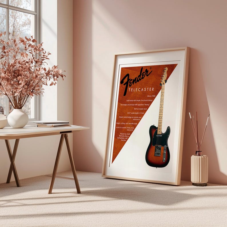 以下が含まれることがあります： Fender Telecasterギターのポスター。ポスターにはFenderのロゴとTELECASTERの文字が黒字で表示されています。ギターはクラシックなサンバーストカラーで、黒いピックガードが付いています。ポスターは明るい木製のフレームに入っています。