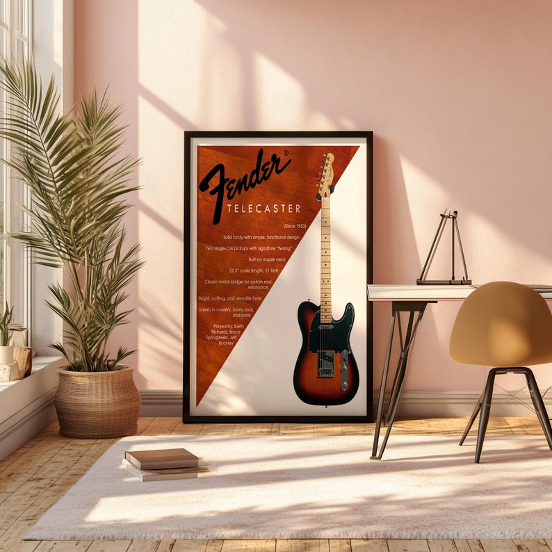 以下が含まれることがあります： Fender Telecasterギターのポスター。サンバーストカラーのギターと黒いピックガードが特徴です。ポスターには「Fender Telecaster」と仕様が記載されています。ポスターは植物と机のある部屋に飾られています。