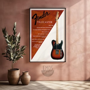 以下が含まれることがあります： Fender Telecasterギターのポスター。黒、茶色、オレンジ色のギターで、Fenderのロゴとギターの特徴を説明するテキストが特徴です。ポスターはピンク色の壁に飾られています。ギターのスケール長は64.77cmです。