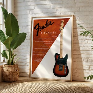 以下が含まれることがあります： フレームに入ったFender Telecasterギターのポスター。ポスターには、メープルネックの茶色と黒のギターが描かれています。Fenderのロゴと「TELECASTER」の文字が大きく表示されています。ポスターにはギターの特徴を説明するテキストが含まれています。
