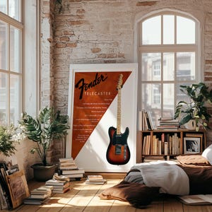 以下が含まれることがあります： Fender Telecasterのポスターが額装され、ギターが寄りかかっています。ポスターは茶色の背景にFenderのロゴとギターの仕様が記載されています。ギターは黒と茶色です。