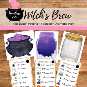 Puede incluir: Un conjunto educativo con temática de Halloween titulado "Witch's Brew". La imagen presenta un caldero negro, un tarro morado y un tarro transparente. También hay tarjetas con problemas de suma e ilustraciones de Halloween.