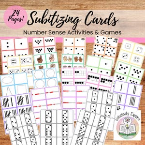 Pode incluir: Um conjunto de 24 cartões de subitização para atividades e jogos de senso numérico. Os cartões apresentam várias representações visuais de números, incluindo pontos, padrões de dados e marcas de contagem, em uma variedade de cores e formas.