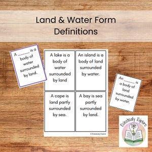 Land and Water Form Definition Cards | Elementary Montessori Definition | Montessori Geography | Printable Montessori Material