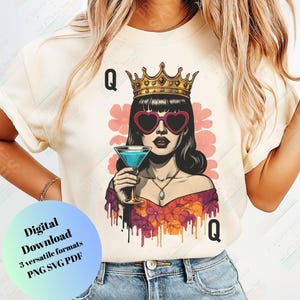 ポップアートクイーンTシャツデザインハートグラス＆クラウンレトロバレンタインPNG SVG PDFバンドルフェミニントートバッグ、マグカップ、スウェットシャツ昇華プリント