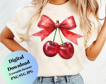 Cherry Bow Coquette PNG: Trendy T-Shirt Design (Digital Download)