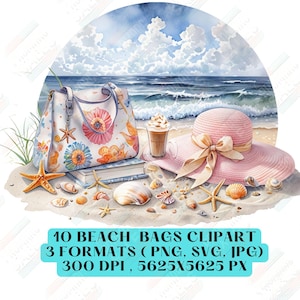 Beach Bag Clipart Set Watercolor Beach Bags, Printable Summer Art, High Quality Digital Download for Papercraft & Junk Journals 10 png svg