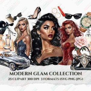 Modern Glam Clipart Bundle Moda di lusso Estetica Alta risoluzione PNG SVG JPG Stampe digitali chic per designer e artigiani