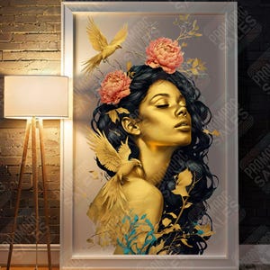 Goldene Göttin Wandkunst - Luxus Digitales Frauen Porträt PNG SVG JPG - Elegantes feminines Dekor, mystisches Gold Kunstwerk, Boho Home Print Phoenix