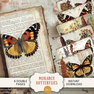 Journal indésirable des papillons monarques, 6 feuilles de scrapbooking numérique, 11 x 8,5 po., bibliothèque victorienne lunatique imprimable, papillon vintage INMO
