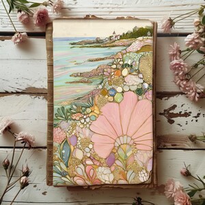 a vibrant and colorful painting of a coastal scene, with a variety of flowers and plants surrounding it.