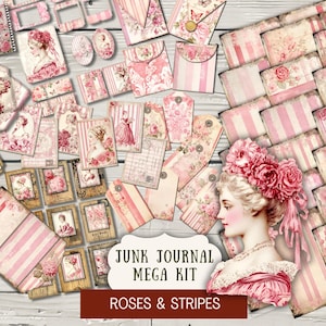 Roses & Stripes BUNDLE Junk Journal Kit Printable Papers Tags Tickets envelopes vintage minicards film labels folio mega shabby chic ROST