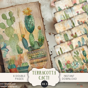 Páginas de diario basura con cactus de terracota, 6 hojas de papel digital para álbumes de recortes, imprimibles caprichosos de estilo grunge bohemio vintage, suculentas y cactus en macetas color canela.