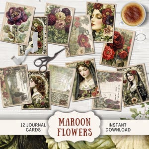 Carnet cartonné fleurs marrons 12 cartes postales numériques ATC éphémères imprimables, artisanat en papier médiéval floral foncé botanlcai rouge moody PICV