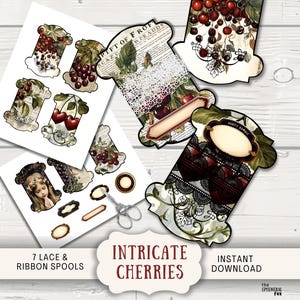 May include: Seven printable vintage-style lace and ribbon spool designs featuring cherries and floral patterns. The spools are perfect for crafting, scrapbooking, and other creative projects.  The text "Intricate Cherries" is printed below the spools.