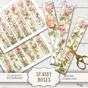 May include: A collection of floral bookmarks and coordinating gift tags featuring watercolor roses. The design includes the text "Shabby Roses", "12 delightful bookmarks", and "Instant Download". A pair of gold scissors rests near the bookmarks.